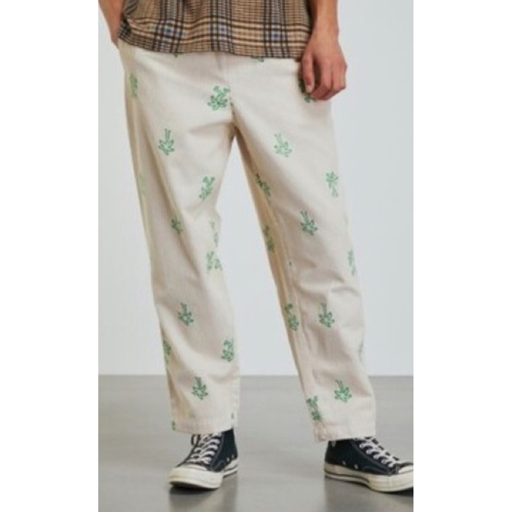 Urban Outfitters Mens low hung Corduroy Pants Cream Palm Tree Embroidered Casual